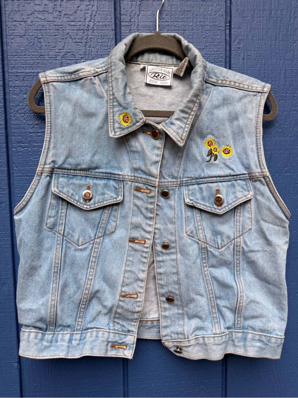 Vintage Light Wash Denim Vest with Sunflower Embroidery